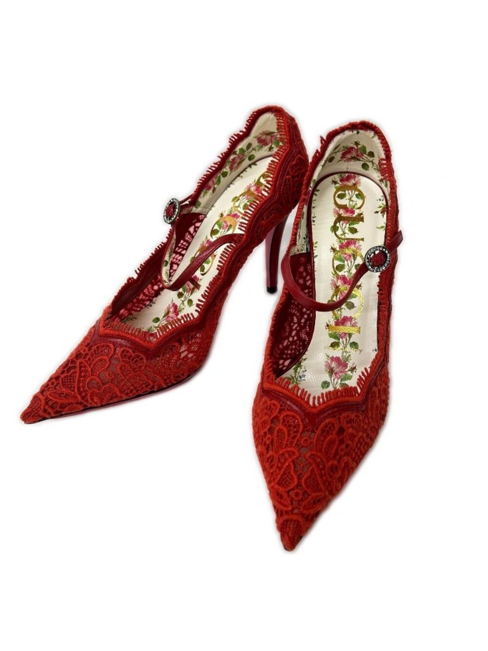 Gucci Lace Ankle Strap Pointed Toe Heels Pumps